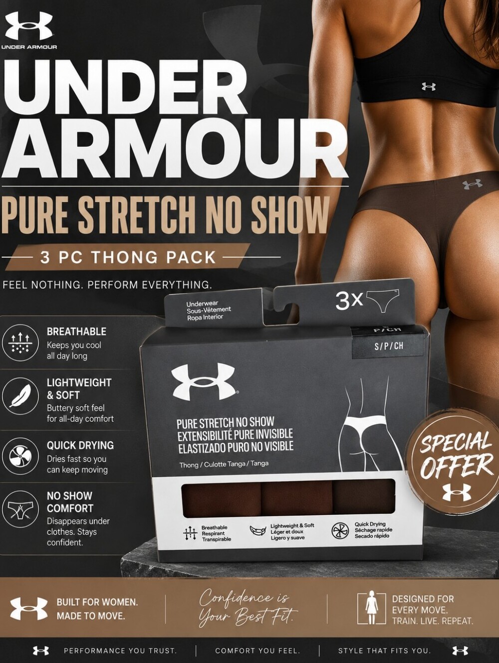 Under Armour Ladies Pure Stretch No Show Thong - Brown (3-Pack)